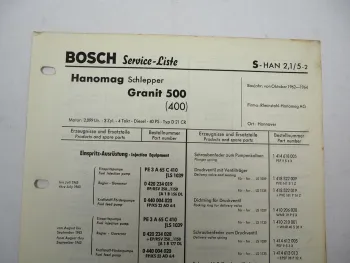 Original Bosch Service-Liste für Hanomag Schlepper Granit 500 BJ 1962-1964