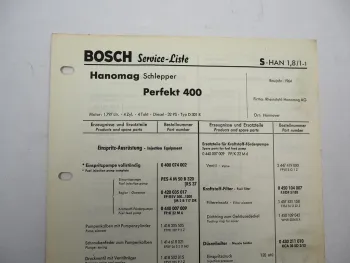 Original Bosch Service-Liste für Hanomag Schlepper Perfekt 400 BJ 1964