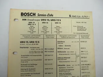 Original Bosch Service-Liste für HM Hüttenwerk Michelstadt URG12 BJ 1957-1960
