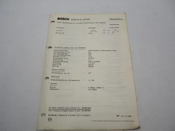 Original Bosch Service-Liste für Mercedes Benz Unimog 403 Schlepper 1966
