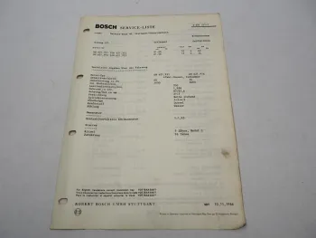 Original Bosch Service-Liste für Mercedes Benz Unimog 421 Schlepper 1966