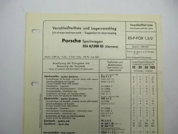Original Bosch Verschleißteilliste für Porsche 356A/1500 GS Carrera BJ 1955–1957