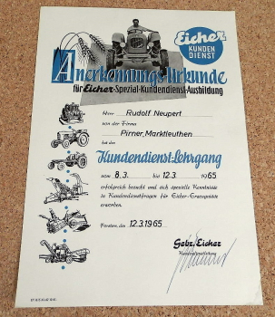 original Eicher Kundendienst Anerkennungs Urkunde Lehrgang 1965
