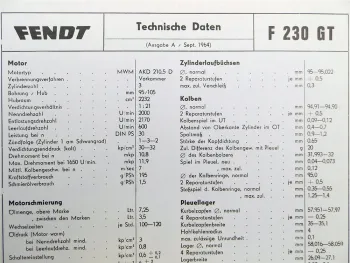 original Fendt F 230 GT Technische Daten 1964 Datenblatt Geräteträger