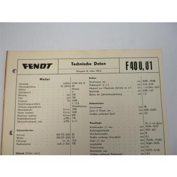 original Fendt F 40 U und F 40 U1 Schlepper Technische Daten 1963 Datenblatt