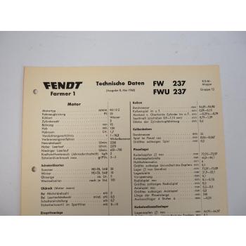 original Fendt Farmer 1 FW 237 FWU 237 Technische Daten 1960 Datenblatt