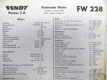 original Fendt Farmer 2 D Typ FW 228 Technische Daten Datenblatt 1962