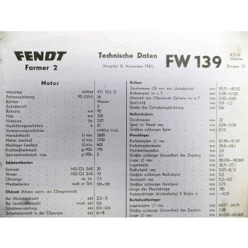 original Fendt Farmer 2 Typ FW 139 Technische Daten 1961 Datenblatt