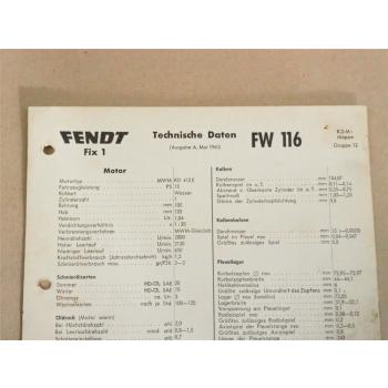original Fendt Fix1 FW 116 Werkstatt Einstellwerte Technische Daten 1960