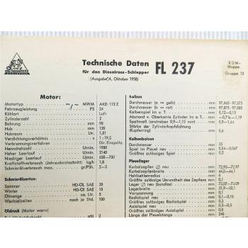 original Fendt FL 237 Dieselross-Schlepper Technische Daten Anzugswerte 1958