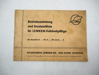 Original Lemken D FO FB K Volldrehpflug Betriebsanleitung Ersatzteilliste 1964