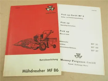 Original Massey Ferguson MF 86 Mähdrescher Betriebsanleitung 1965 + MF 9 Pick-up