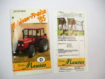 Original Preisliste Mauser CX CS Serie Kabinen für Schlepper z.B. JD MF MB 1985
