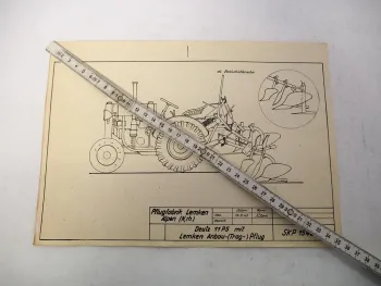 Original Technische Zeichnung Lemken Pflug an Deutz 11 PS Bauernschlepper 1949