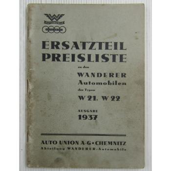 original Wanderer Automobile W21 W22 Ersatzteil- Preisliste von 1937
