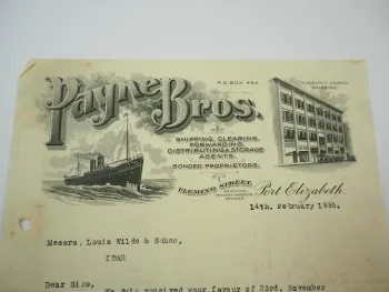 Payne Bros Port Elizabeth Südafrika an Goldschmied Wild in Idar Oberstein 1935