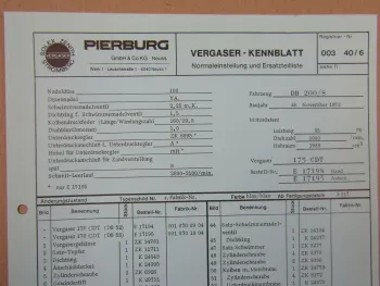 Pierburg 175 CDT Ersatzteilliste Normaleinstellung Daimler Benz 200 /8 ab 11/73