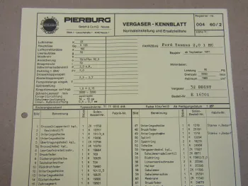 Pierburg 32 DDIST Vergaser Ersatzteilliste Normaleinstellung Ford Taunus ab 9/71