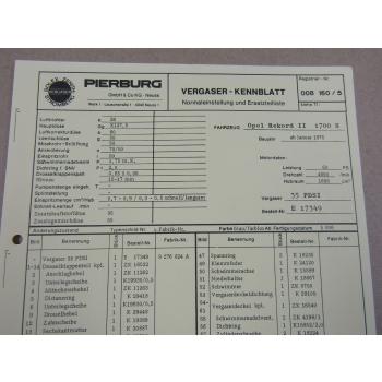 Pierburg 35 PDSI Ersatzteilliste Normaleinstellung Opel Rekord II 1700N ab 1/75