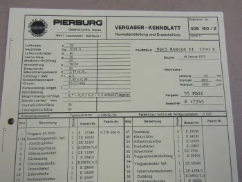 Pierburg 35 PDSI Ersatzteilliste Normaleinstellung Opel Rekord II 1700N ab 1/75
