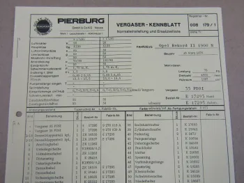 Pierburg 35 PDSI Ersatzteilliste Normaleinstellung Opel Rekord II 1900N ab 3/75