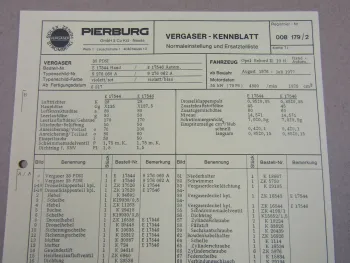 Pierburg 35 PDSI Vergaser Ersatzteilliste Normaleinstellung Opel Rekord II 76-77