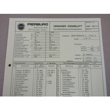 Pierburg 35 PDSIT Ersatzteilliste Normaleinstellung Opel Rekord C 1700S ab 5/71
