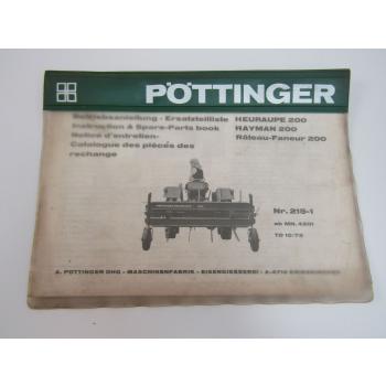 Pöttinger 200 Heuraupe Hayman 215-1 Bedienungsanleitung und Ersatzteilliste 1972