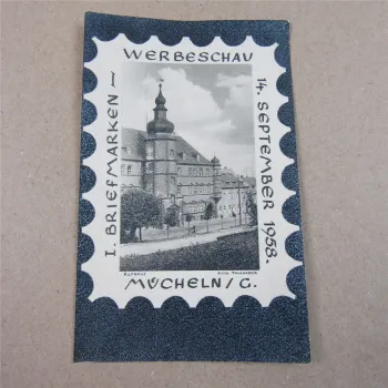 Postkarte Ansichtskarte Mücheln Geiseltal 1. Briefmarkenschau 1958 Werbeschau