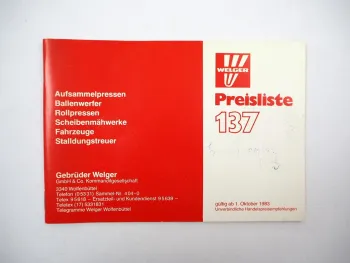 Preisliste 137 ab 1983 Welger Pressen Scheibenmähwerke Zweiachswagen Kipper