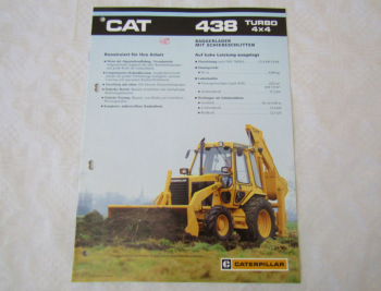 Prospekt CATerpillar CAT 438 turbo 4x4 Baggerlader mit Schiebeschlitten 1988