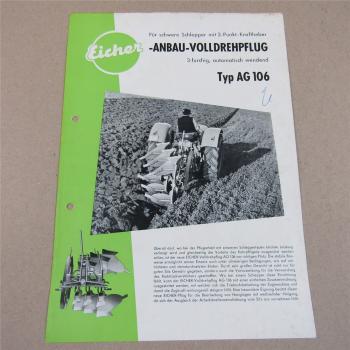 Prospekt Eicher AG 106 Anbau-Volldrehpflug für schwere Schlepper 1961