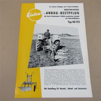 Prospekt Eicher AG 113 Anbau-Beetpflug für schwere Schlepper 1962
