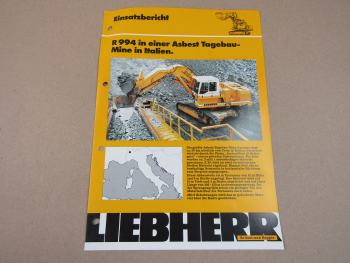 Prospekt Liebherr R 994 Bagger 9/1986 Einsatzbericht Asbest Tagebau-Mine Italien