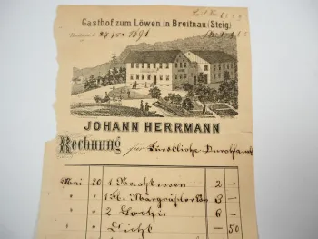 Rechnung Gasthof zum Löwen in Breitnau Steig Johann Herrmann an einen Fürst 1891