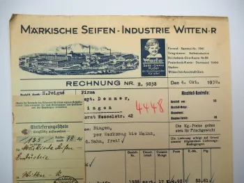 Rechnung Märkische Seifenindustrie Witten 1938 Warta Seife Nordrhein Westfalen
