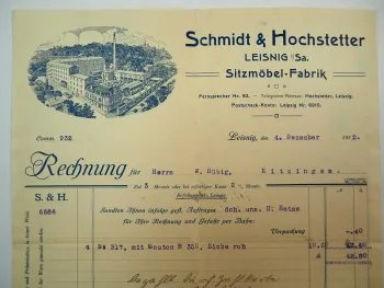 S&H Schmidt & Hochstetter Leisnig Sa. Sitzmöbel Rechnung Stuhl mit Mouton 1912