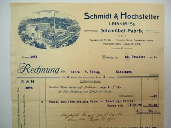 S&H Schmidt & Hochstetter Leisnig Sachsen Sitzmöbel Fabrik Rechnung Sessel 1912