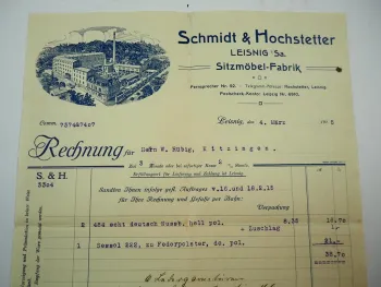 S&H Schmidt & Hochstetter Leisnig Sachsen Sitzmöbel Fabrik Rechnung Sessel 1915