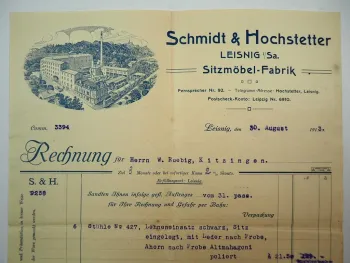 S&H Schmidt & Hochstetter Leisnig Sachsen Sitzmöbel Fabrik Rechnung Stühle 1913