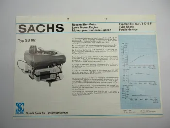 Sachs SB102 Rasenmähermotor Lawn Mower Engine Typenblatt Technische Daten 1978