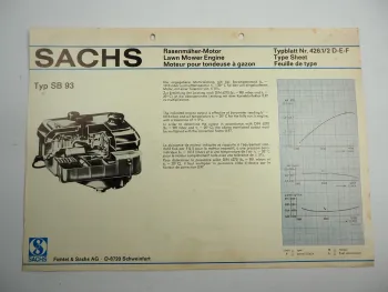 Sachs SB93 Rasenmähermotor Lawn Mower Engine Typenblatt Technische Daten 1975