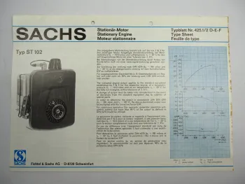 Sachs ST102 Stationärmotor Stationary Engine Typenblatt Technische Daten 1977