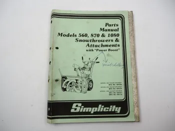 Simplicity 560 870 1080 Snowthrower Schneefräse Ersatzteilliste Parts List 1988