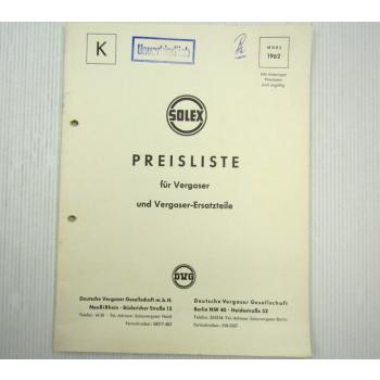 Solex Vergaser und Vergaser-Ersatzteile Preisliste 03/1962