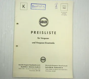 Solex Vergaser und Vergaser-Ersatzteile Preisliste 03/1962