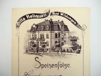 Speisekarte Speisenfolge Villa Heilquell Bad Wildungen Hufelandstrasse ca. 1900