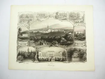 Stahlstich Homburg Hessen Schloss Kurhaus Hotel Bellevue ca. 1850 A. H. Payne