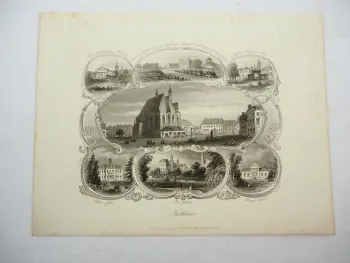 Stahlstich Köthen Anhalt Schloss Bahnhof Kirche Geutz ca. 1850 A. H. Payne
