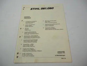 Stihl 050 051 Kettensäge Ersatzteilliste Spare Parts List Liste des pieces 1986